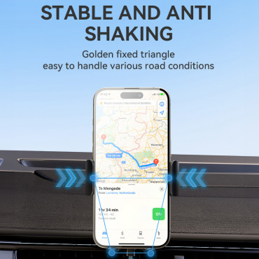 Poignée de téléphone avec une chargeuse d'induction de 15W sur un tableau de bord de voiture noir