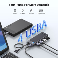 Adattatore hub 4X Distributore ritratto USB-A 3.0 e USB-A cavo di alimentazione nero