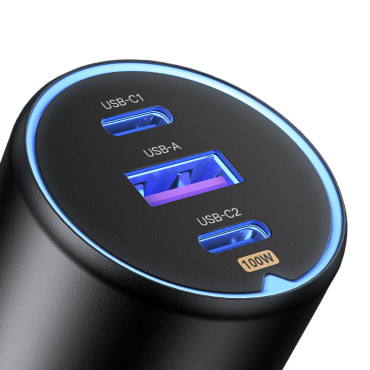 Carregador de carro 2x USB-C PD e 1x USB-A 130W Black