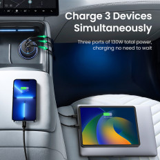 Chargeur de voiture 2x USB-C PD et 1X USB-A 130W Noir