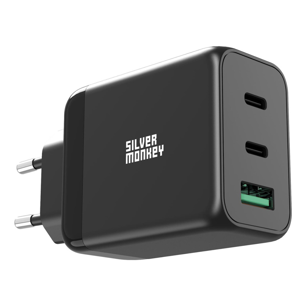 GAN 65W 2x USB-C PD 1x USB-A QC 3.0 melns