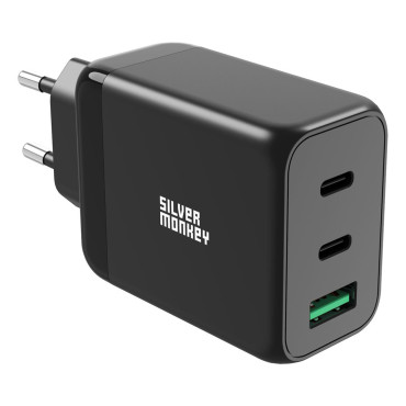 GAN 65W 2x USB-C PD 1x USB-A QC 3.0 melns