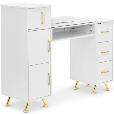 Kozmetički stol za manikura stakla Table Top 3 ladica 3 ormarići 140 x 50 cm - bijelo zlato