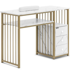Mesa cosmética para manicure com palmas na mão 3 gavetas 110 x 46 cm - ouro de mármore