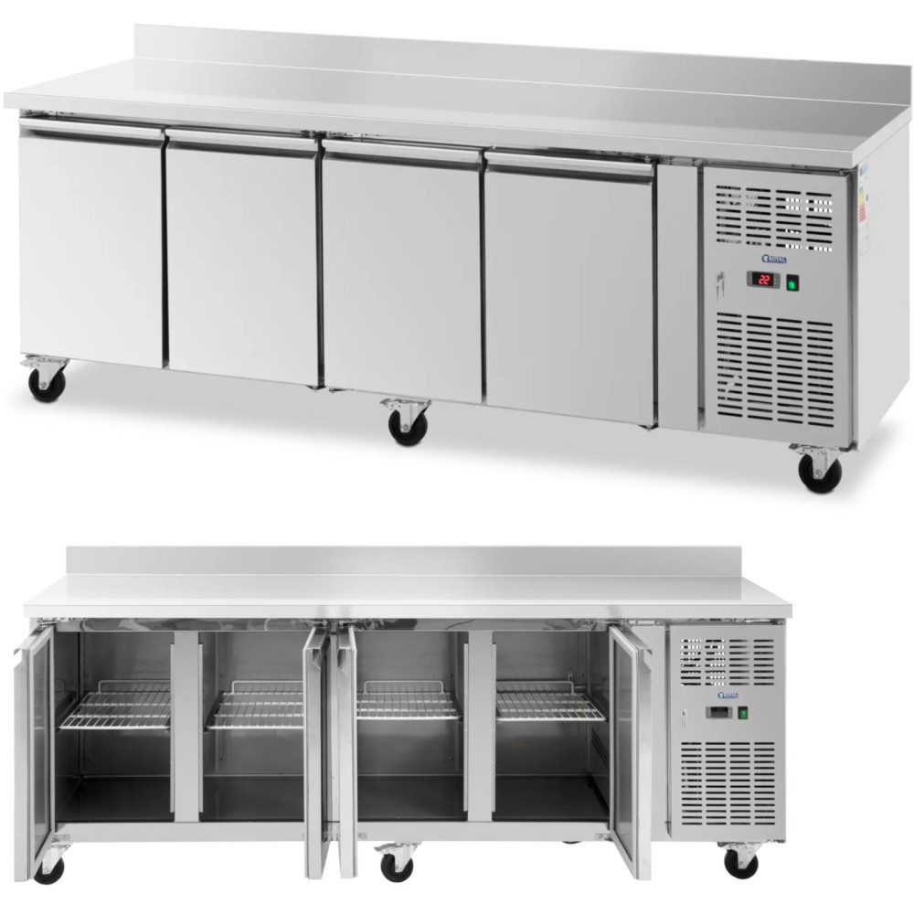 Mesa de refrigeração com prateleiras em rodas 4 câmaras 550 l 223x70x95 cm