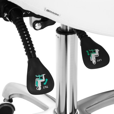Taburete cosmético Giovanni 1004 blanco con base plateada — detalle de los controles