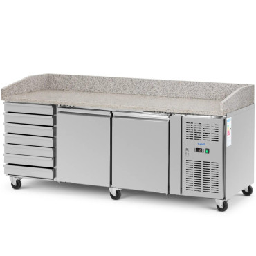Mesa refrigerada para pizza 2 câmaras 7 gavetas nas rodas 390 l 202 x 80 x 100 cm