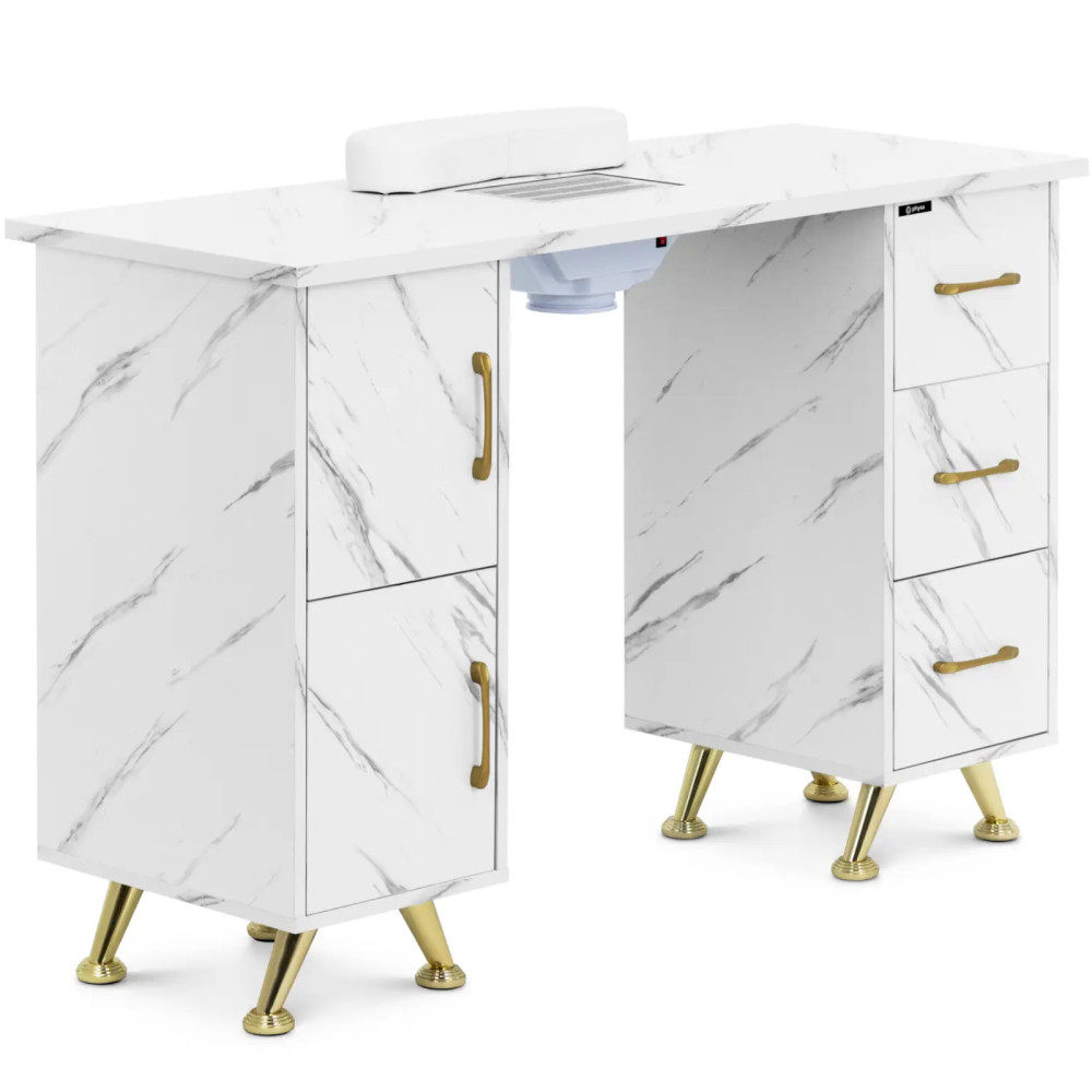 Kosmetisk skrivebord for manikyr med en absorber 3 skuffer 2 skap - marmor gull
