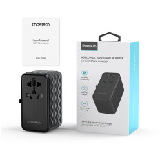 Cargador de viaje adaptador EU / US / AUS / UK 2x USB-C 2X USB-A 100W - Negro