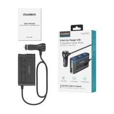 Autolaturi + 3x pesä kevyempi 2x USB-C PD 1x USB-A QC - Musta