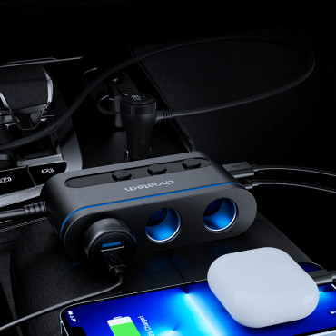 Automobilis įkroviklis + 3x lizdas lengvesnis 2x USB-C pd 1x USB-A QC - juoda