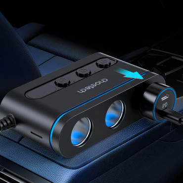 Automobilis įkroviklis + 3x lizdas lengvesnis 2x USB-C pd 1x USB-A QC - juoda