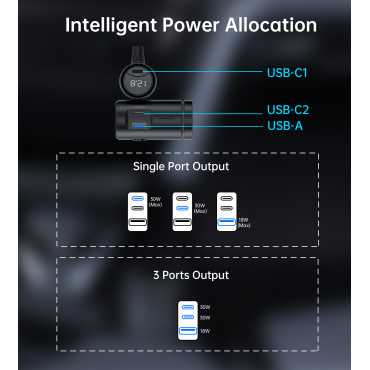 Automobilis įkroviklis + 3x lizdas lengvesnis 2x USB-C pd 1x USB-A QC - juoda