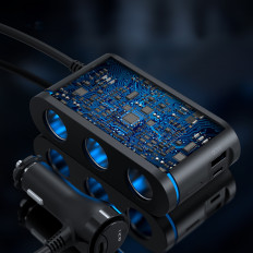 Automobilis įkroviklis + 3x lizdas lengvesnis 2x USB-C pd 1x USB-A QC - juoda