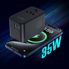 Adapteris Travel Charger 35W EU / US / AUS / UK su įmontuotu USB-C kabeliu - juoda