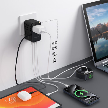 Adapteres ceļojuma lādētājs 35W EU / US / AUS / UK ar iebūvētu USB-C kabeli - melns
