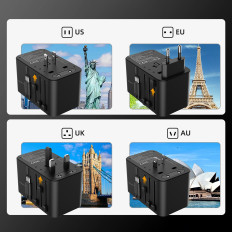 Adapteres ceļojuma lādētājs 35W EU / US / AUS / UK ar iebūvētu USB-C kabeli - melns