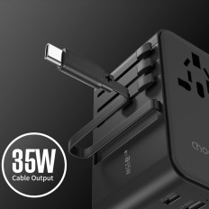 Adapteres ceļojuma lādētājs 35W EU / US / AUS / UK ar iebūvētu USB-C kabeli - melns