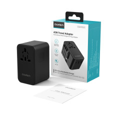 Adattatore Caricabatterie da viaggio 45W EU / US / AUS / UK con cavo USB-C incorporato - Nero