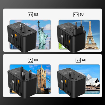 Adaptador Cargador de viaje 45W EU / US / AUS / Reino Unido con cable USB-C incorporado - Negro