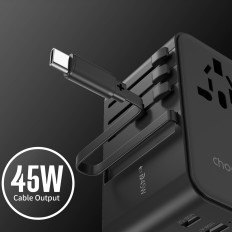 Carregador de viagem de adaptador 45W EU / US / AUS / Reino Unido com cabo USB-C embutido - preto
