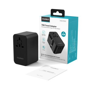 Adapter Travel Charger 70W EU / US / AUS / Storbritannien med inbyggd USB-C-kabel - Svart