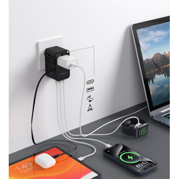 Adapter Travel Charger 70W EU / US / AUS / Storbritannien med inbyggd USB-C-kabel - Svart