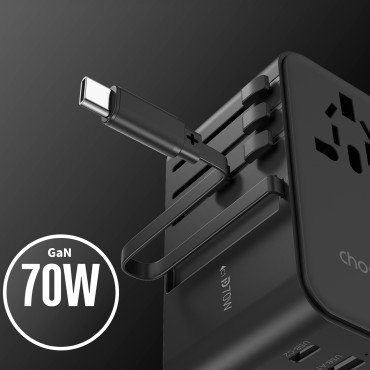 Adapter Travel Charger 70W EU / US / AUS / Storbritannien med inbyggd USB-C-kabel - Svart