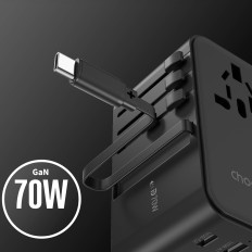 Adapter Potovalni polnilnik 70W EU / US / AUS / UK z vgrajenim kablom USB-C - črna