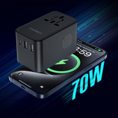 Adapter Potovalni polnilnik 70W EU / US / AUS / UK z vgrajenim kablom USB-C - črna