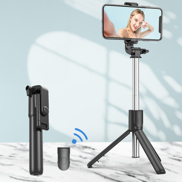 Selfie stick telescópico com tripé de controle remoto no telefone 0.7m - preto