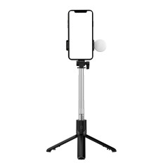 Selfie stick telescopic με τηλεχειριστήριο + LED τρίποδο για το τηλέφωνο 0.71m - μαύρο