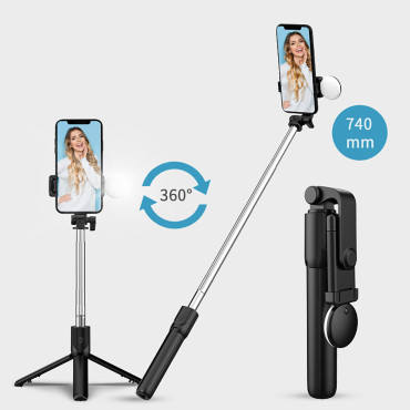 Selfie Stick Telescópica com controle remoto + LED Tripod Stand para o telefone 0.71m - preto