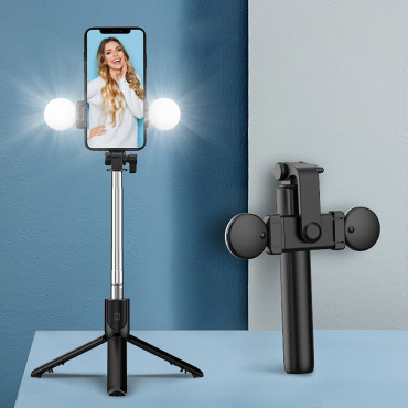 Selfie stick telescopic με τηλεχειριστήριο + LED τρίποδο για το τηλέφωνο 0.71m - μαύρο