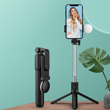 Teleskopska selfie Stick z daljinskim upravljalnikom + LED stojalo stojalo za telefon 0.71m - Črna