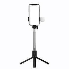 Selfie stick teleskopowy z pilotem + lamkpa LED stojak tripod na telefon 1m - czarny