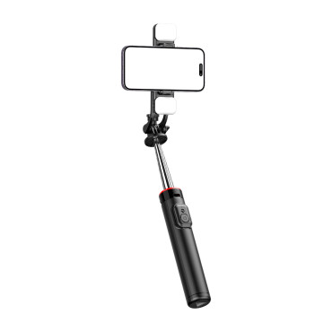 Selfie Stick Teleskopska z daljinskim upravljalnikom + 2x LED svetilka stojalo stojalo za telefon 1.3m - Črna