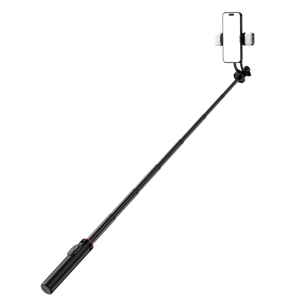 Selfie Stick Teleskopska z daljinskim upravljalnikom + 2x LED svetilka stojalo stojalo za telefon 1.3m Aluminij - črna