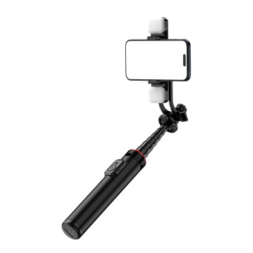 Selfie vara telescópica com controle remoto + 2x lâmpada LED tripé de lâmpada para o telefone 1.3m Alumínio - Preto
