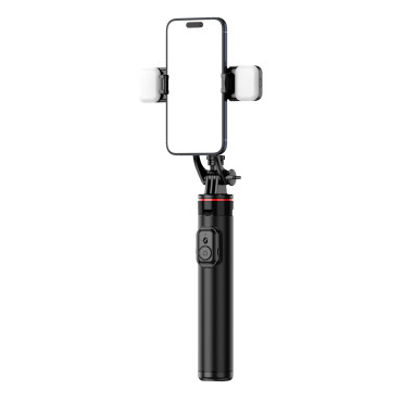Selfie vara telescópica com controle remoto + 2x lâmpada LED tripé de lâmpada para o telefone 1.3m Alumínio - Preto