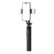 Selfie Stick Teleskopska z daljinskim upravljalnikom + 2x LED svetilka stojalo stojalo za telefon 1.3m Aluminij - črna