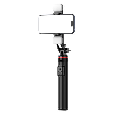 Selfie Stick Teleskopska z daljinskim upravljalnikom + 2x LED svetilka stojalo stojalo za telefon 1.3m Aluminij - črna