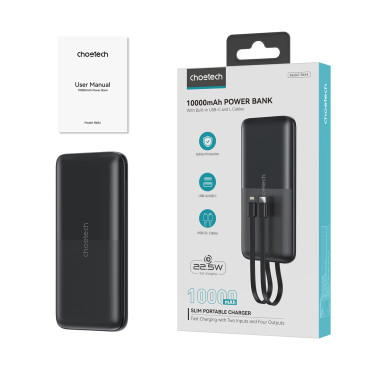 PowerBank 10000 mAh 22.5W USB-A USB-C Micro USB με USB-C και καλώδιο αστραπής - Μαύρο