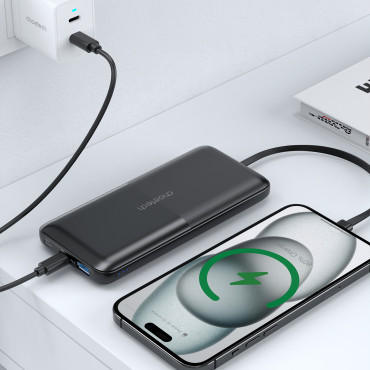 Powerbank 10000 mAh 22,5W USB-A USB-C Micro USB con USB-C e cavo di fulmini - Nero