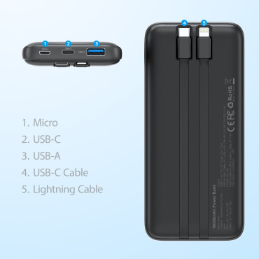 PowerBank 10000 MAH 22.5W USB-A USB-C Micro USB med USB-C og Lightning Cable - Svart
