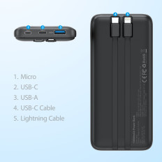 PowerBank 10000 MAH 22.5W USB-A USB-C Micro USB med USB-C og Lightning Cable - Svart