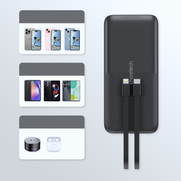Powerbank 10000 mAh 22,5w USB-A Micro USB-C Micro USB com USB-C e Cabo de Lightning - Preto