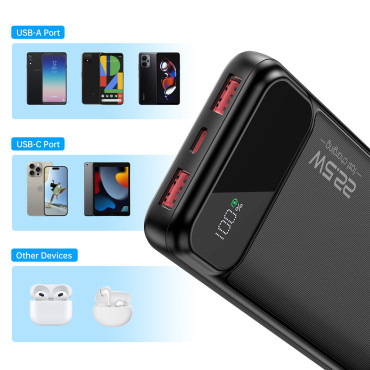 PowerBank 10000 mAh 22.5W PD USB-A USB-C - melns