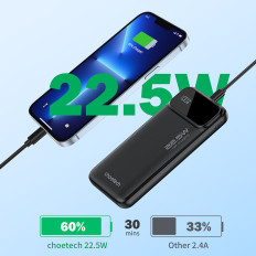 Powerbank 10000 mAh 22.5W PD USB-A USB-C - Svart