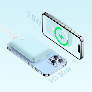 PowerBank induktīvais magnētiskais mini 10000 mAh 30W + USB-C kabelis - zils